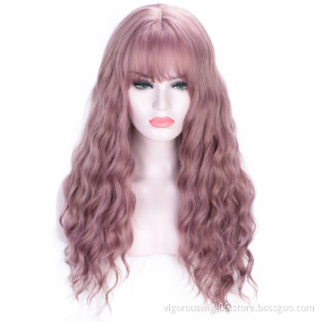 Vigorous Purple Long Natural Water Wave Synthetic Wigs for Women Heat Resistant Fiber Wavy Hair Wig with Bangs Daily Wear
